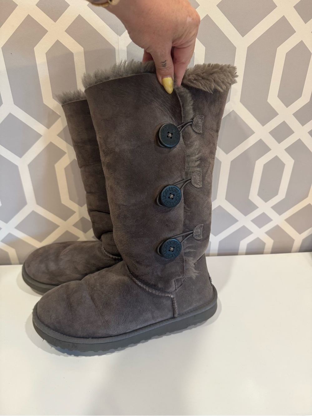 UGG Grey Bailey Three Button Tall Shearling Boots - Women’s Size 9
